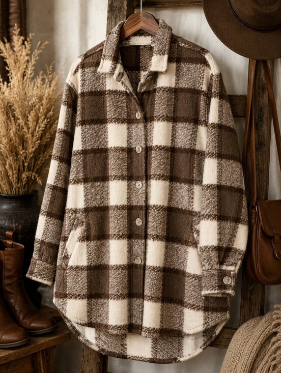 RDI Jackets & Blazers - RDI Plaid Longline Sherpa Shacket Jacket Brown Cream Button Front NWT Medium